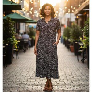 Studio AA Brown & White Printed Midi Dress Size 10 Short Sleeve Collared Button